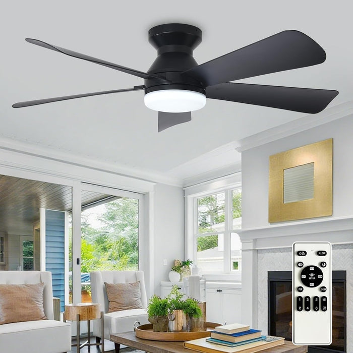 Modern Ceiling Fan with Light: 42-Inch Black Small Fans for Bedroom Indoor Outdoor - Dimmable Low Profile Ceiling Fans with Remote Control Flush Mount 5 Reversible Black Blades 6 Speeds Timer