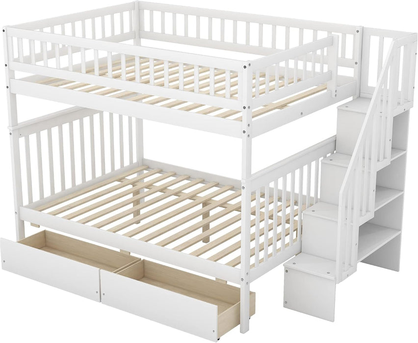 Full Over Full Bunk Bed GrayStairsWithDrawersStorageSystem