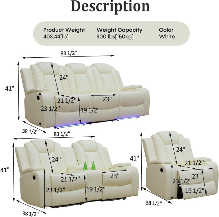Power Recliner Set with LED Lights, Air Leather Reclining Set with USB Port/Wireless Charger/Storage Console/Cup Holder for House/Hometheater/Apt (Ivory White, Sofa Loveseat Chair)