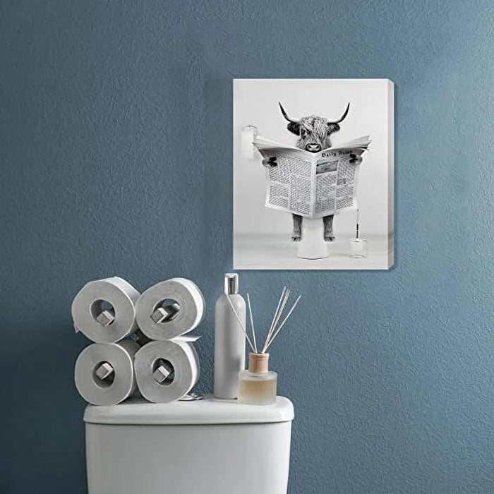 Funny Highland Cow Wall Art, Black and White Canvas Cow in Bathroom Picture, Humor Animals Bathroom Artwork Prints Rustic Farmhouse Style Wall Decor Ready to Hang