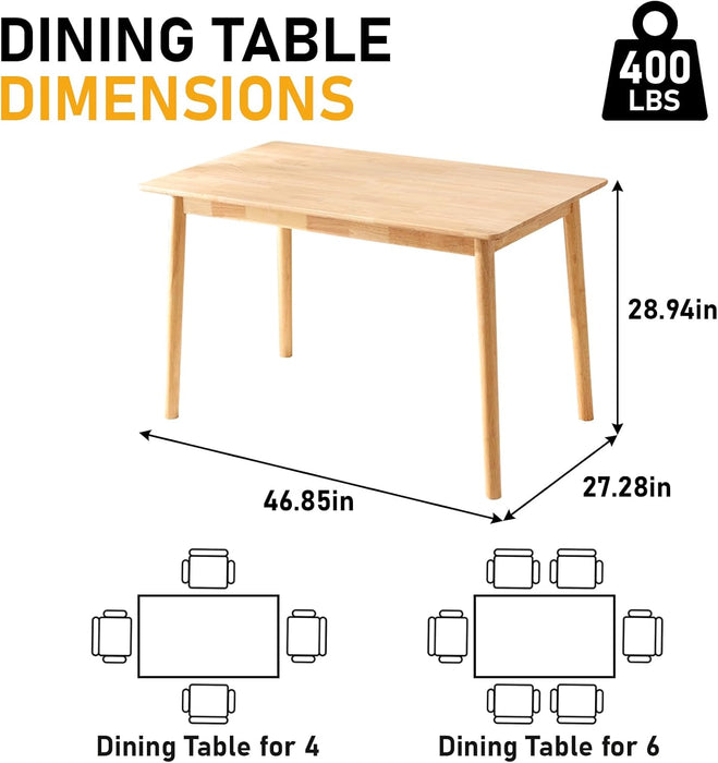BAKEVE Dining Table for 4-6 Person- 47.2'' Solid Wood Kitchen Table, Mid Century Modern Desk, Farmhouse Rectangular Dining Room Table for Living Room, Office, Kitchen and Study (Natural)