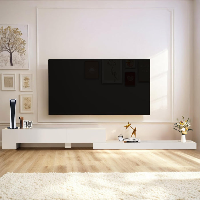 Retractable TV Stand, Solid Wood Minimalist TV Shelf, Mid-Century TV Console with 1 Door & 2 Drawers, Adjustable 71'' to 122'' Entertainment Media Console Center Large Storage under TV