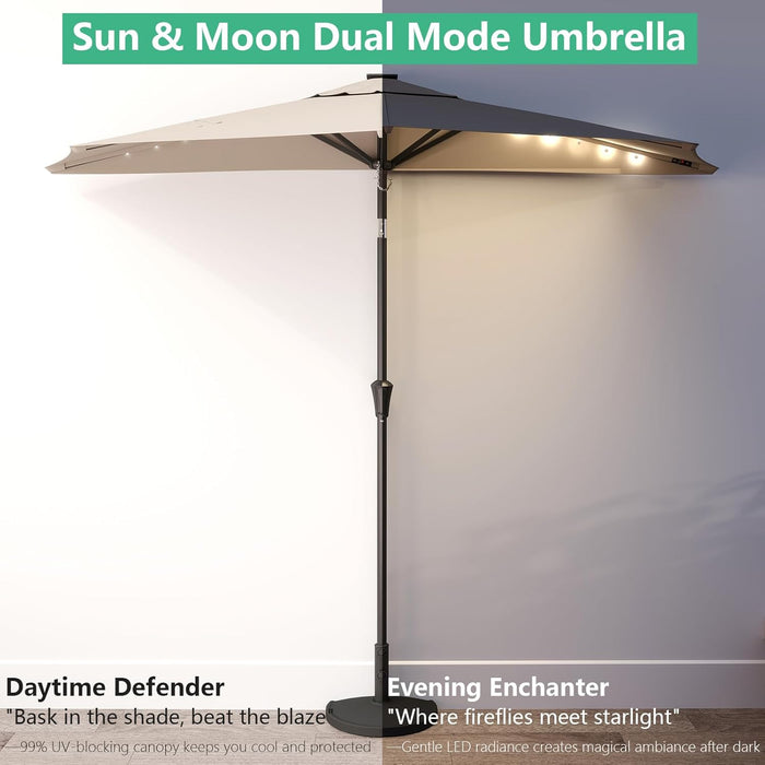 9 Ft Small Half round Solar Powered Wall Outdoor Market Patio Umbrella with LED Lights and Tilt for Garden, Deck, Balcony