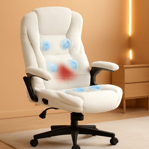 6 Point Vibrating Massage Office Chair with Heat, Velvet High Back Executive Office Chair with Reclining Backrest, Padded Armrests and Remote, White