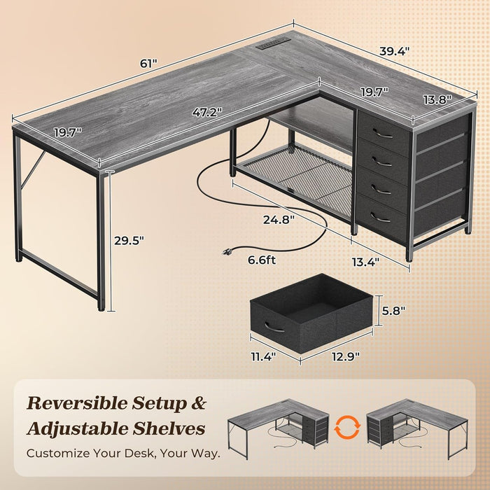 61" L Shaped Desk with Power Outlets and USB - C Port, Reversible Computer Corner Office Desk with 4 Fabric Drawers and 2 Height - Adjustable Shelves, Large for Gaming Writing Work Study, Grey - ShipItFurniture