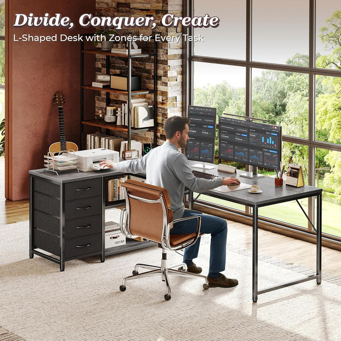 61" L Shaped Desk with Power Outlets and USB - C Port, Reversible Computer Corner Office Desk with 4 Fabric Drawers and 2 Height - Adjustable Shelves, Large for Gaming Writing Work Study, Grey - ShipItFurniture