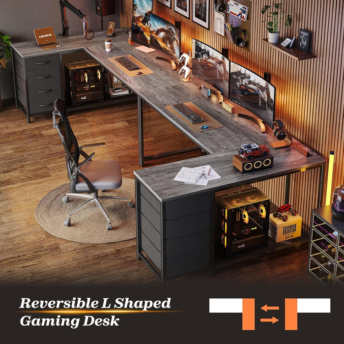 61" L Shaped Desk with Power Outlets and USB - C Port, Reversible Computer Corner Office Desk with 4 Fabric Drawers and 2 Height - Adjustable Shelves, Large for Gaming Writing Work Study, Grey - ShipItFurniture