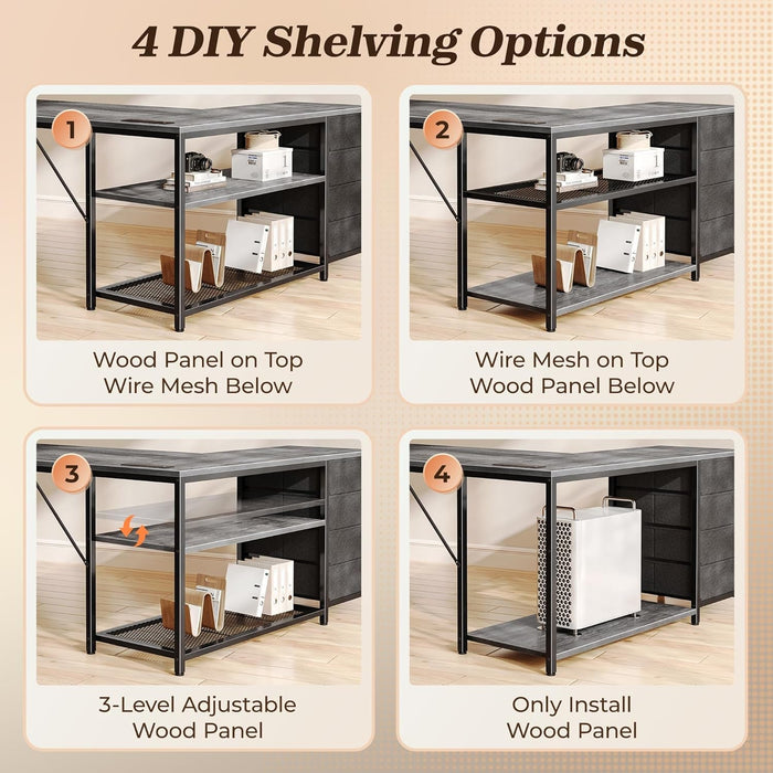 61" L Shaped Desk with Power Outlets and USB - C Port, Reversible Computer Corner Office Desk with 4 Fabric Drawers and 2 Height - Adjustable Shelves, Large for Gaming Writing Work Study, Grey - ShipItFurniture