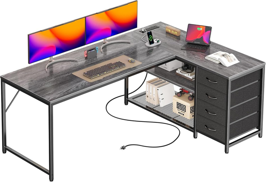 61" L Shaped Desk with Power Outlets and USB - C Port, Reversible Computer Corner Office Desk with 4 Fabric Drawers and 2 Height - Adjustable Shelves, Large for Gaming Writing Work Study, Grey - ShipItFurniture