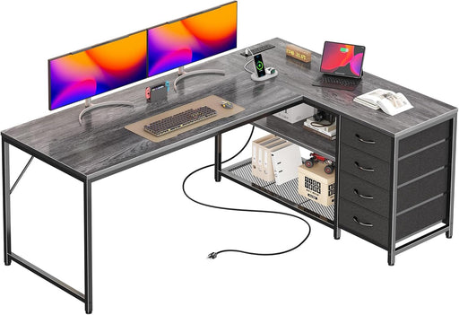 61" L Shaped Desk with Power Outlets and USB - C Port, Reversible Computer Corner Office Desk with 4 Fabric Drawers and 2 Height - Adjustable Shelves, Large for Gaming Writing Work Study, Grey - ShipItFurniture