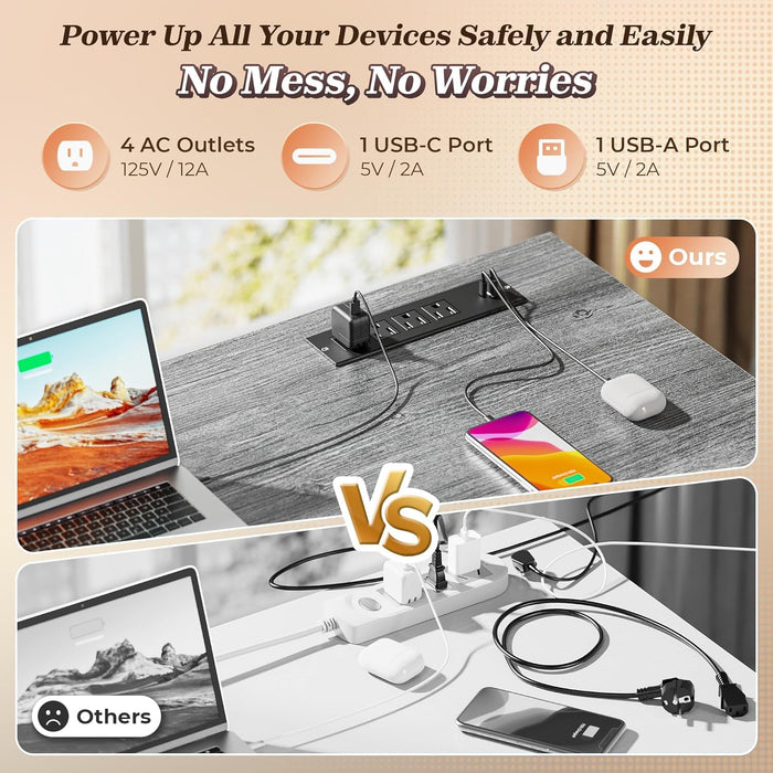 61" L Shaped Desk with Power Outlets and USB - C Port, Reversible Computer Corner Office Desk with 4 Fabric Drawers and 2 Height - Adjustable Shelves, Large for Gaming Writing Work Study, Grey - ShipItFurniture