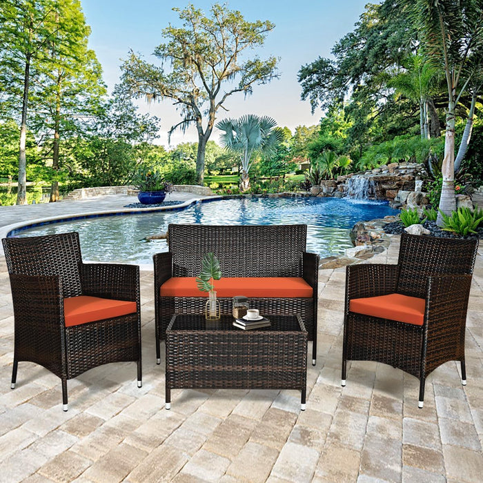 4-Piece Rattan Patio Set, Outdoor/Indoor Wicker Conversation Set for Pool, Backyard, Lawn, Wicker Chairs and Sofa with Soft Cushion, Rattan Furniture with Tempered Glass Coffee Table