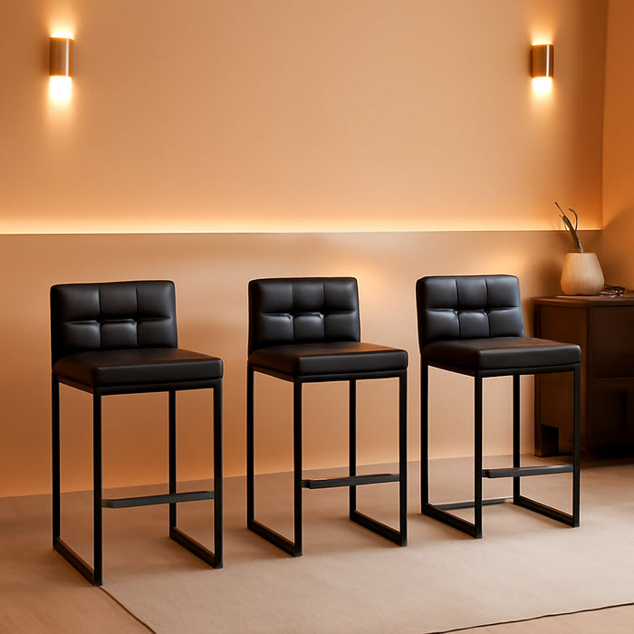 Bar Stools Set of 3, Upholstered Faux Leather Counter Height Barstools with Low Back and Thickened Metal Legs, Modern Bar Chairs for Kitchen Island, Bar (Black, 3Pcs 26" Counter Stools)