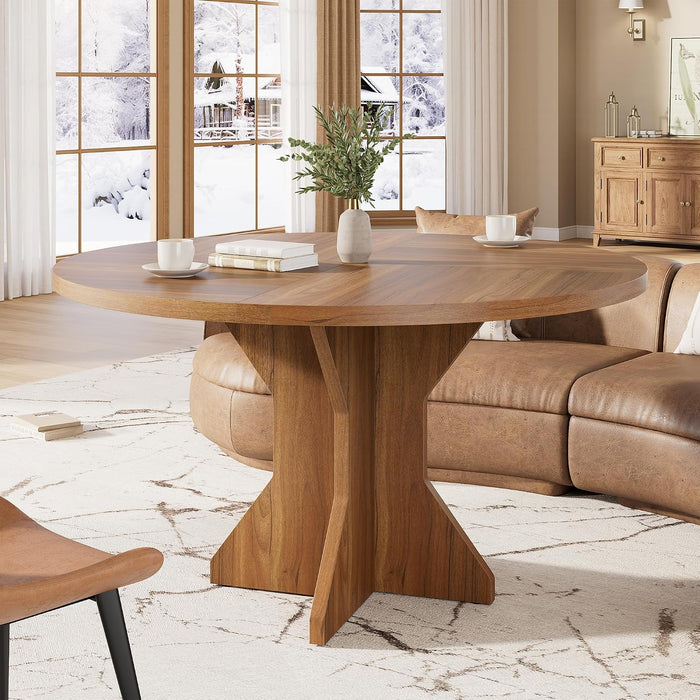round Dining Table for 4-6 People - 47" Circle Kitchen Dinner Table with Sturdy Pedestal Base, Small Spaces Dinning Room Furniture for Living Room, Kitchen, Apartment, Brown