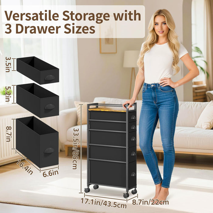Black SlimStorage Narrow Five Drawer Dresser Wheeled