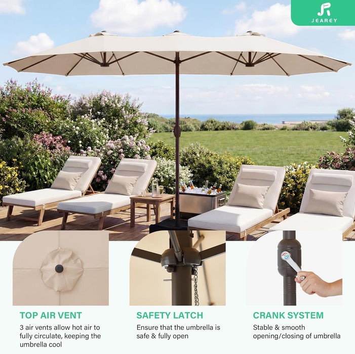 15Ft Large Patio Umbrella with Base, Outdoor Rectangle Umbrella Double-Sided Market Umbrella with Stand for Pool, Deck, Backyard and Garden, Beige