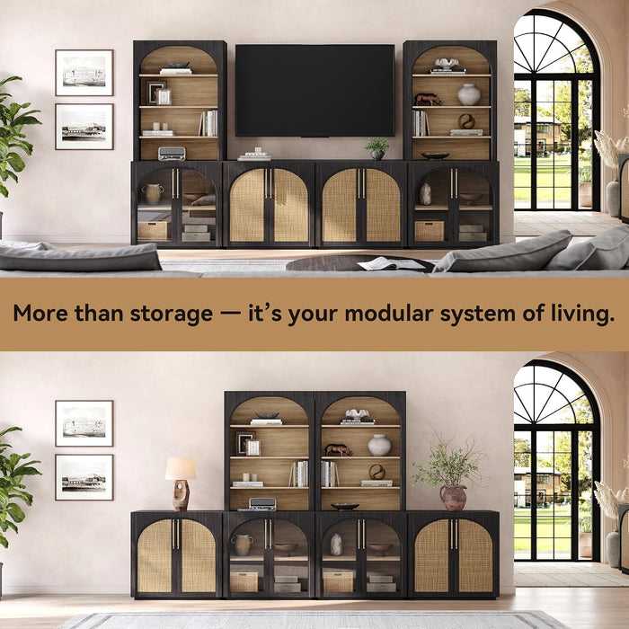 72" Tall Arched Storage Cabinet with Hutch, Bookcase with Open Shelves