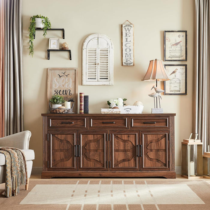66" Farmhouse Buffet Cabinet with Storage, Sideboard Credenza, Carved Cloud-Inspired Doors, 3 Drawers & Adjustable Shelves, Coffee Bar Cabinet, Dark Brown