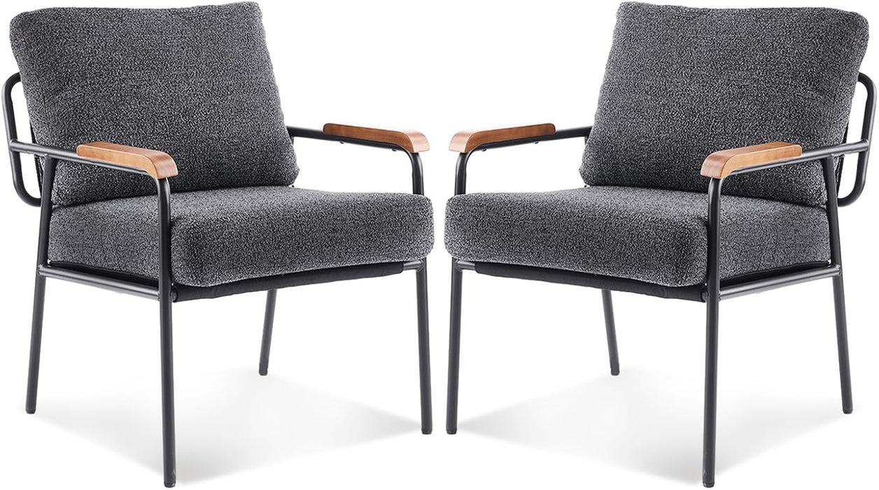 Contemporary Vintage Armchairs Linen Grey Wood Armrests