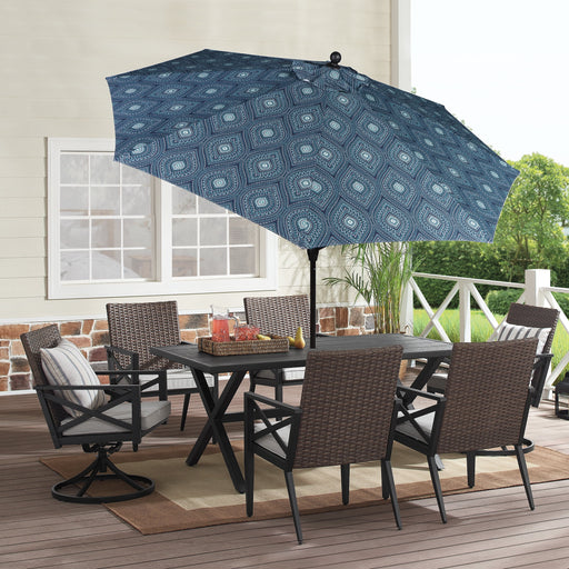 Outdoor 9' Blue Medallion round Crank Premium Patio Umbrella