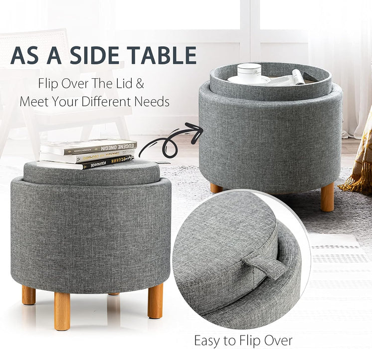 round Storage Ottoman with Tray Lid, Accent Storage Footstool W/Soft Padding, Fabric Sitting Stool W/Solid Wood Legs & Non-Slip Pads, Tray Top Coffee Table for Living Room, Bedroom (Grey)