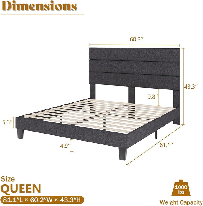 Queen Size Bed Frame with Linen Upholstered Headboard, Modern Platform Bed with Wooden Slats Support, Noise-Free, No Box Spring Needed, Easy Assembly, Grey
