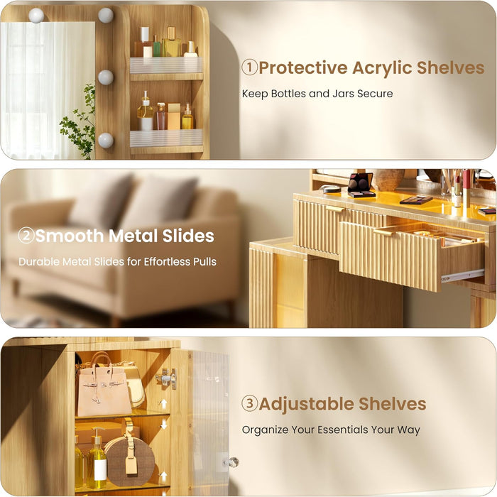 56'' Fluted Makeup Vanity Desk with Large 36" Mirror & Hollywood Bulbs, Smart RGB Lights, Glass Top Vanity with 8 Open Shelves, 2 RGB Drawers & Acrylic Cabinets, Big Vanity with Charging Station, Oak