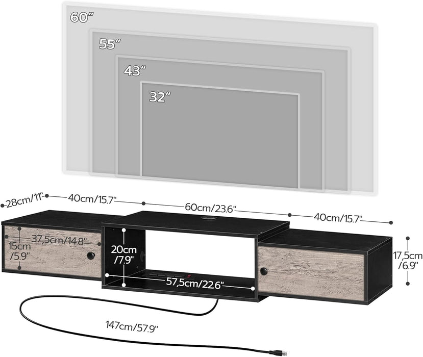 55" Floating TV Stand with Power Outlets, Modern Wall Mounted Media Console Shelf with Doors, Entertainment Center for under TV Storage, for Living Room, Bedroom, Greige and Black BG11UDS01