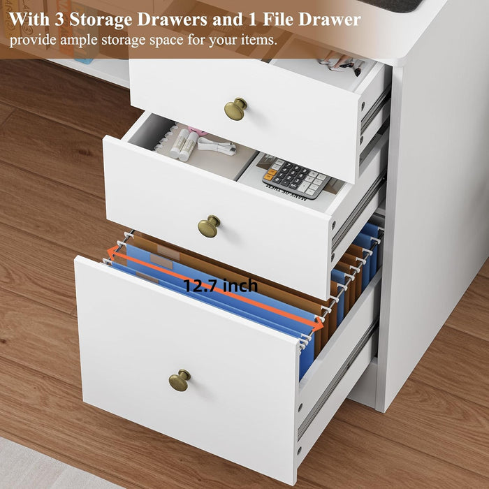 Computer Desk with Drawers and Hutch Shelf, Wood Executive Desk Writing Study Table with 43” Wide Tabletop, Small Desk with File Drawer for Home Office Bedroom, White
