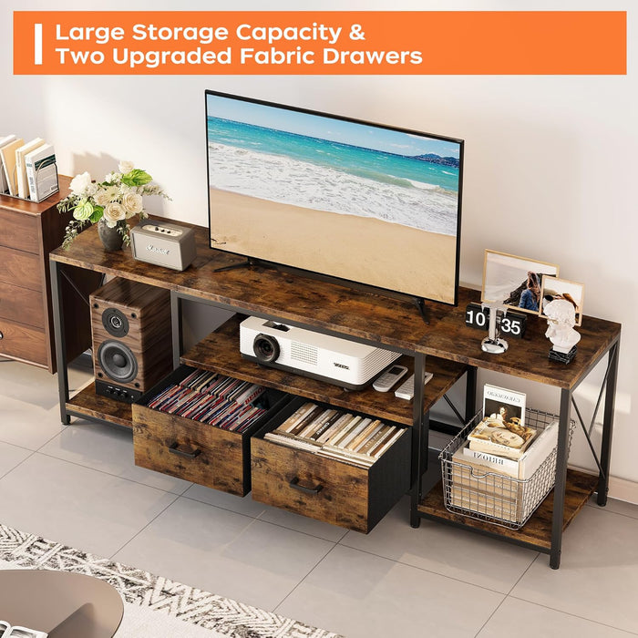 TV Stand for Tvs up to 75 Inch, Entertainment Center with Fabric Drawers, TV Media Console Table with Open Storage Shelves for Living Room, Bedroom, Rustic Brown