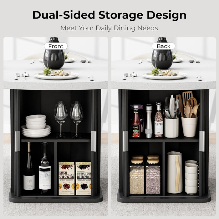 round Dining Table for 4, 47 Inch Modern Farmhouse Kitchen Table with Storage Shelf and Wood Slide Doors, Circle Dinner Table with Quartz Top and Wood Grain Base for Dining Room Kitchen (Black)