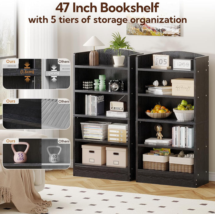 5 Shelf Bookcase, 47" Wood Tall Bookshelf and Bookshelves, Multifunctional Storage Organizer Shelving for Bedroom Library Living Room Home Office, Black