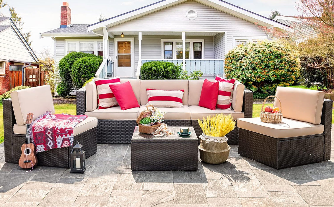 6 Pieces Outdoor Patio Furniture Set, PE Wicker Rattan Sectional Sofa Patio Conversation Sets with Coffee Table for Garden, Backyard, Poolside (Beige)