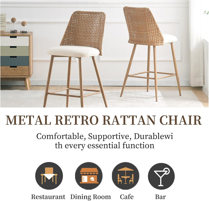 Rattan Counter Height Bar Stools Set of 2, 26" Boucle Fabric Upholstered Barstools with PE Rattan Cane Back, Bar Chairs Counter Stools for Kitchen Island,Beige White