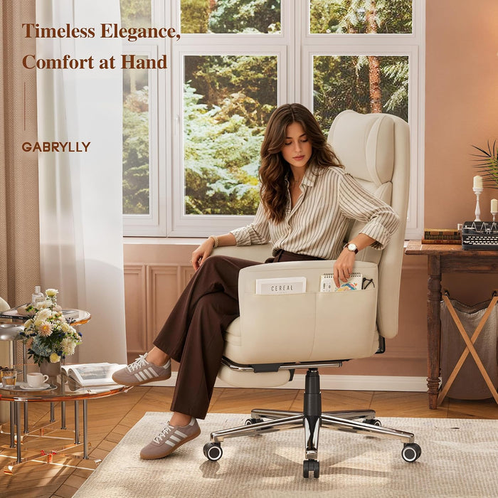 Ergonomic Criss Cross Office Chair with Footrest, Wide Executive Desk Chair with Foldable Armrest for Big and Tall, High Back Computer Chair-120° Tilt Vanity Chair for Meditation,Home,Ivory