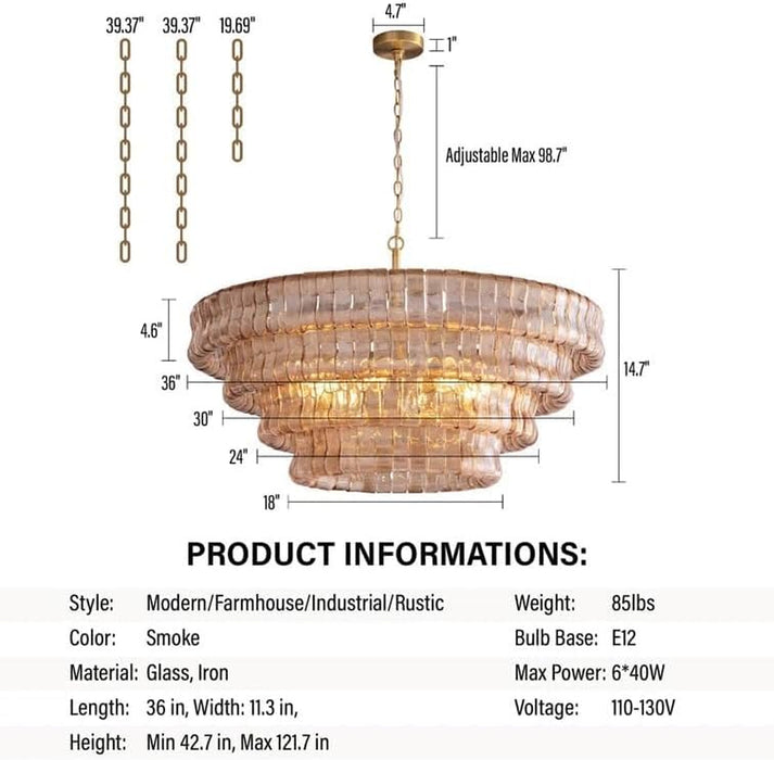 36" Smoked Gold round Drum Chandelier, 6-Light Modern Hanging Light Fixture for Dining Room, Living Room, Bedroom, Foyer