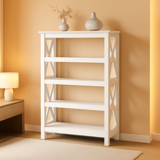 Bush Furniture Tall 5 Shelf Bookcase for Living Room or Home Office, Large Bookshelf, Modern Farmhouse Style, Key West Collection, Pure White Oak