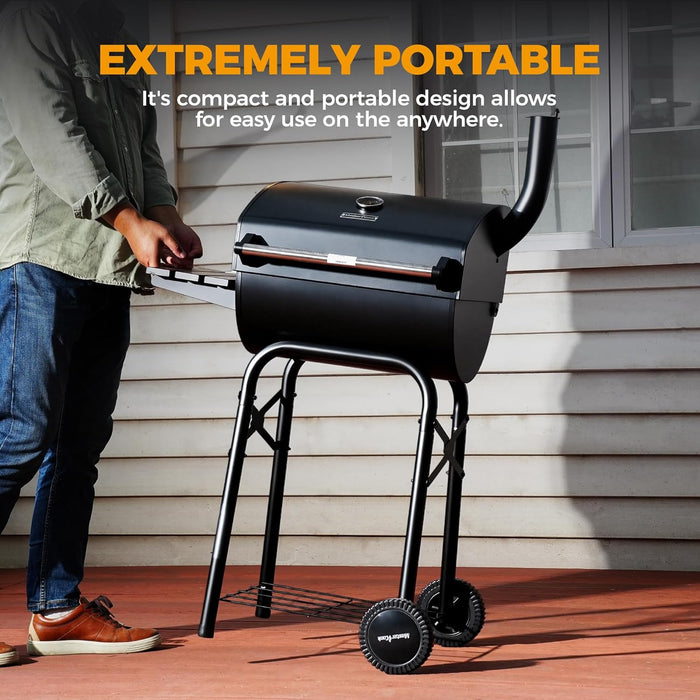 Barrel Style Charcoal Grill with Side Table, Adjustable Charcoal Rack, Air Vent and Warming Rack, Smoke Bbq Grill for Outdoor Patio Backyard and Camping