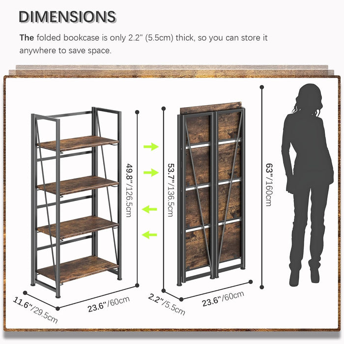 No Assembly Folding Bookshelf Storage Shelves 4 Tier Vintage Bookcase Standing Racks for Bedroom Living Room Home Office