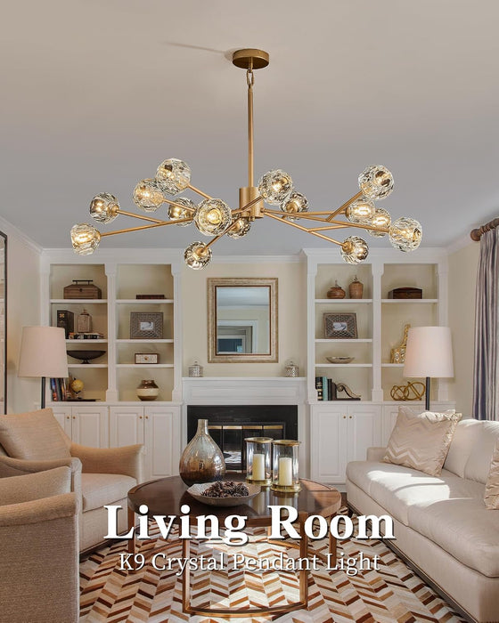 Gold Sputnik Chandeliers for Dining Room Light Fixture over Table, Modern Crystal Chandeliers, 43" 15 Lights Gold Lighting Fixtures for Living Room Kitchen Island
