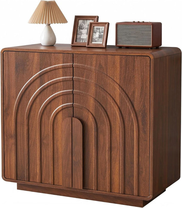 32" Sideboard Buffet Cabinet with Storage, Walnut Modern Cabinet with Arched Wood Door and Adjustable Shelf, Wooden Modular Kitchen Cabinet for Dining& Living Room, Entryway