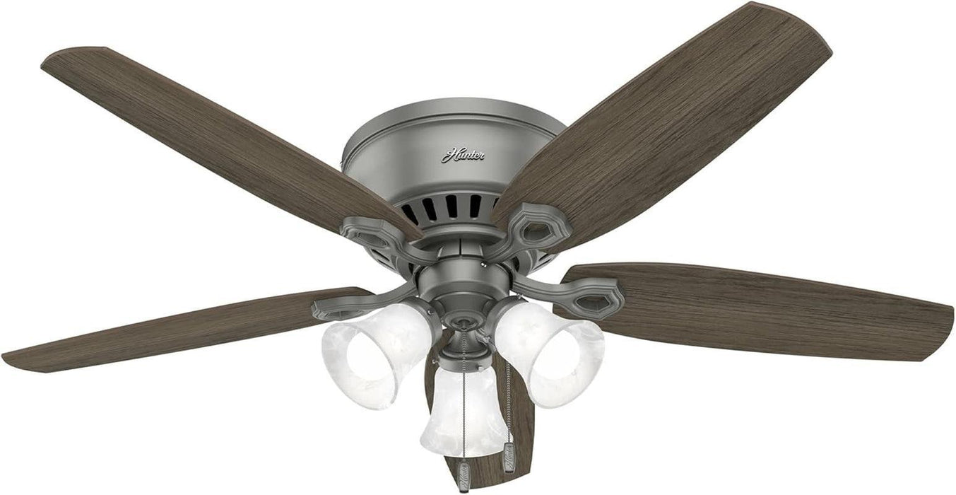 52 Inch Indoor Ceiling Fan with LED Lights - Ceiling Fan with Pull Chain, for Bedroom, Living Room, or Kitchen, Low Profile Mount, No Remote, 5 Blades - Builder 51113, Matte Silver