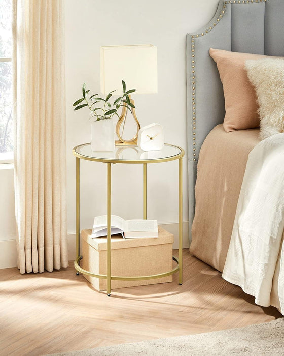 round Side Table, Glass End Table with Metal Frame, Gold Coffee Table with Modern Style, for Living Room, Balcony, Bedroom, Gold Color