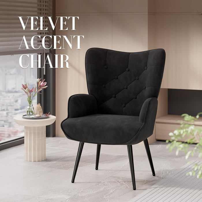 Black Mid Century Velvet Upholstered Wingback Armchair