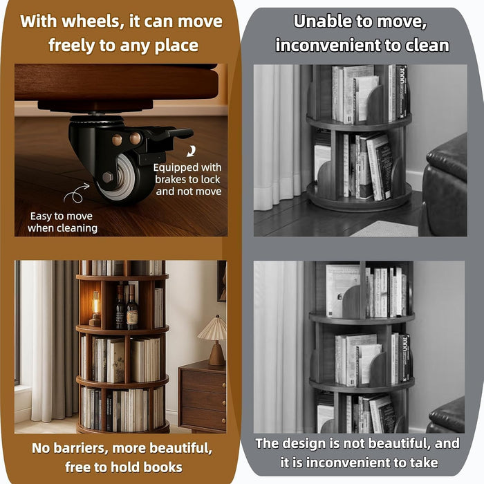 Real Solid Wood Walnut Rotating round Bookshelf Towers with Wheels,Bookcase