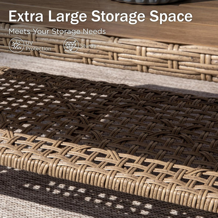 Outdoor Wicker Patio Conversation Set, Acacia Wood Patio Chaise Longue Conversation Set with Coffee Table & Cushions Garden Furniture Sets