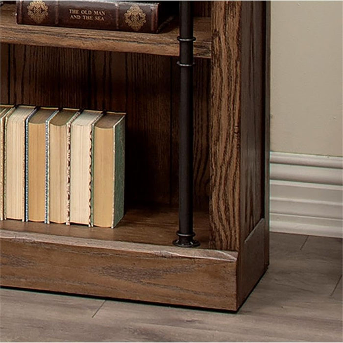 Avondale 120" W Contemporary Wood Bookcase Wall with Ladder Storage Organizer Display, 5 Adjustable Shelves, Ringed Steel Frame, Fully Assembled, in Brown Finish