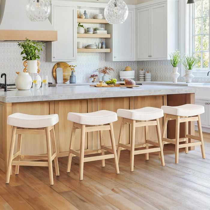 Bar Stools Set of 4, Barstools with Sturdy Wood Legs, Saddle Seat Counter Height Bar Stools for Kitchen Counter, Bar, Dining, 24 Inch Farmhouse Counter Stools, Beige Fabric