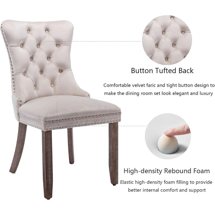 Beige Velvet Dining Chairs Set of 6, Upholstered Dining Room Chairs with Back Ring Pull Trim and Solid Wood Legs, Tufted Wingback Kitchen Chairs for Dining Room,Living Room,Kitchen(Beige)