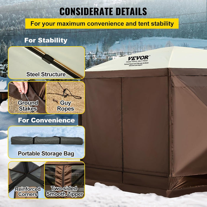 Pop up Gazebo Screen Tent 12 X 12 Ft, 6-Sided Camping Gazebo Instant Canopy Sun Shelter with 6 Removable Privacy Wind Cloths, Mosquito Netting, 300D Oxford Cloth for Patio, Backyard, Lawn